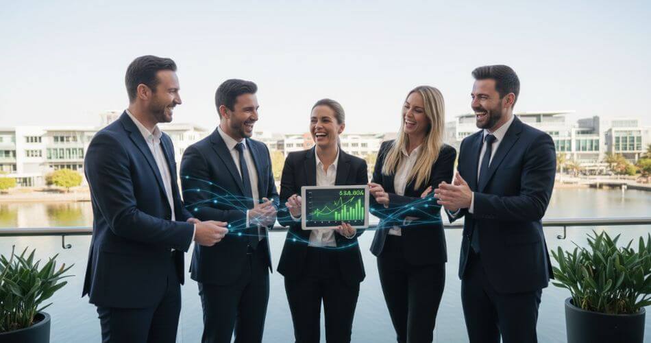 Brainwashing Formula for Real Estate Agents. A tribe of successful real estate agents on a balcony overlooking Tyger Valley, connected by a subtle energy field.
