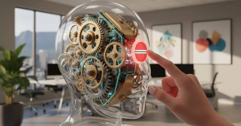 Brainwashing Formula for Real Estate Agents. Conceptual image of a human head filled with gears being reprogrammed by a button press.