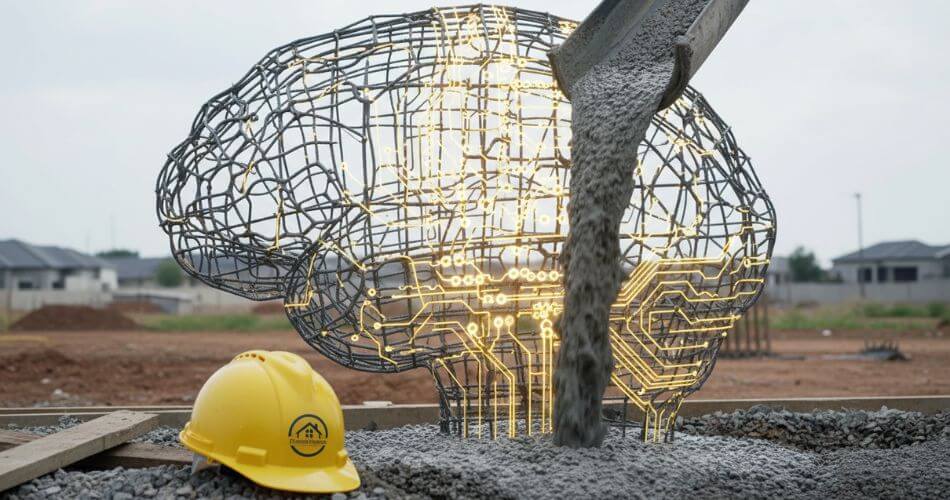 Brainwashing Formula for Real Estate Agents. Construction site showing wet concrete pouring into a steel frame shaped like a neural pathway.
