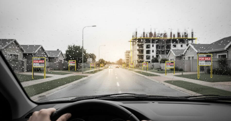 Brainwashing Formula for Real Estate Agents. First-person view from a car showing For Sale signs highlighted while the rest of the street is blurry.