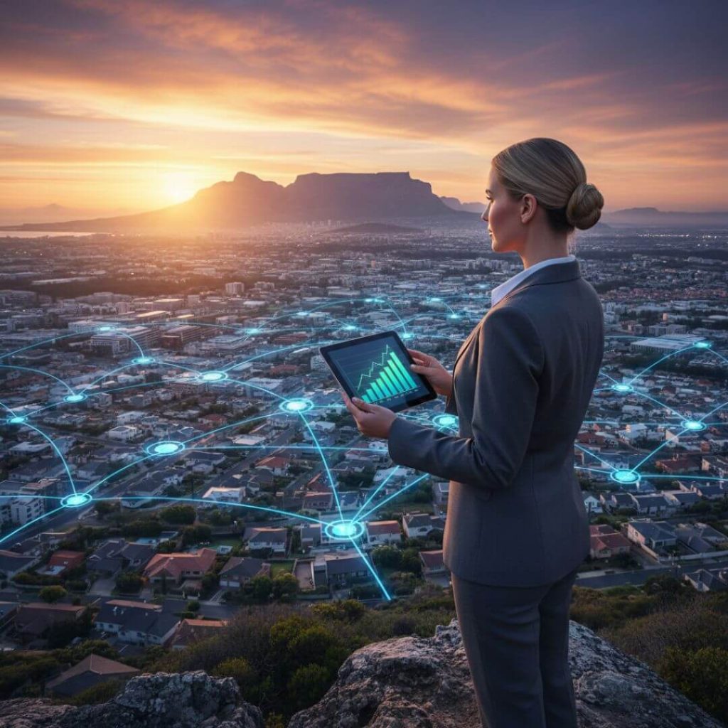 Brainwashing Formula for Real Estate Agents. Real estate agent overlooking Cape Town Northern Suburbs with digital neural network overlay