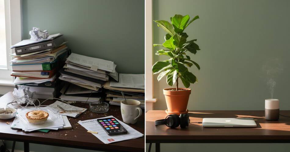 Brainwashing Formula for Real Estate Agents. Split image contrasting a messy, distracting home office with a clean, plant-filled productive workspace