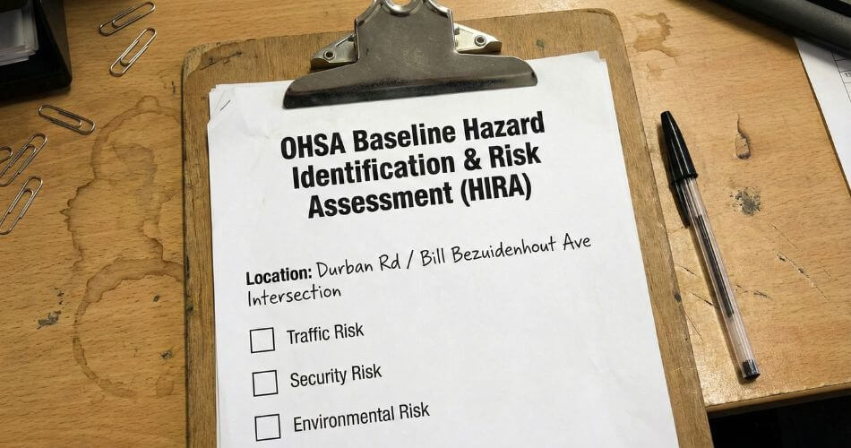 Mentoring Intern Estate Agents. A blank Occupational Health and Safety risk assessment form on a clipboard.