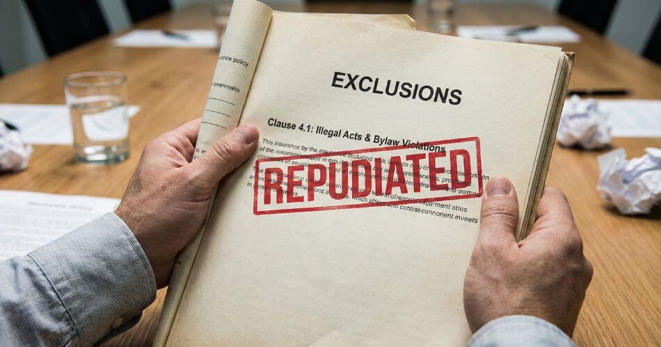 Mentoring Intern Estate Agents. Insurance policy document with a red REPUDIATED stamp over an exclusions clause.