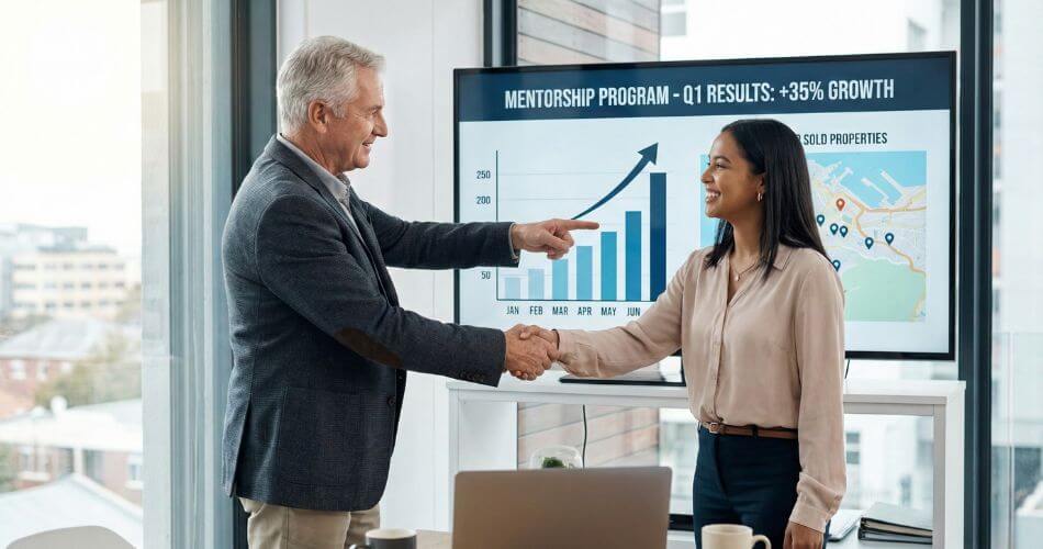 Mentoring Intern Estate Agents. Real estate mentor and intern shaking hands in front of a sales performance screen.