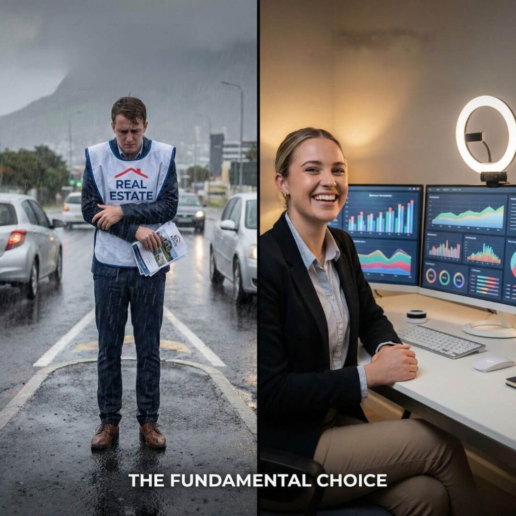 Mentoring Intern Estate Agents. Split image showing an estate agent intern handing flyers in the rain versus a digital agent working in a modern office.