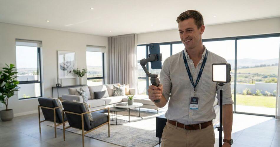 Mentoring Intern Estate Agents. Young real estate agent filming a property tour with a smartphone and gimbal.
