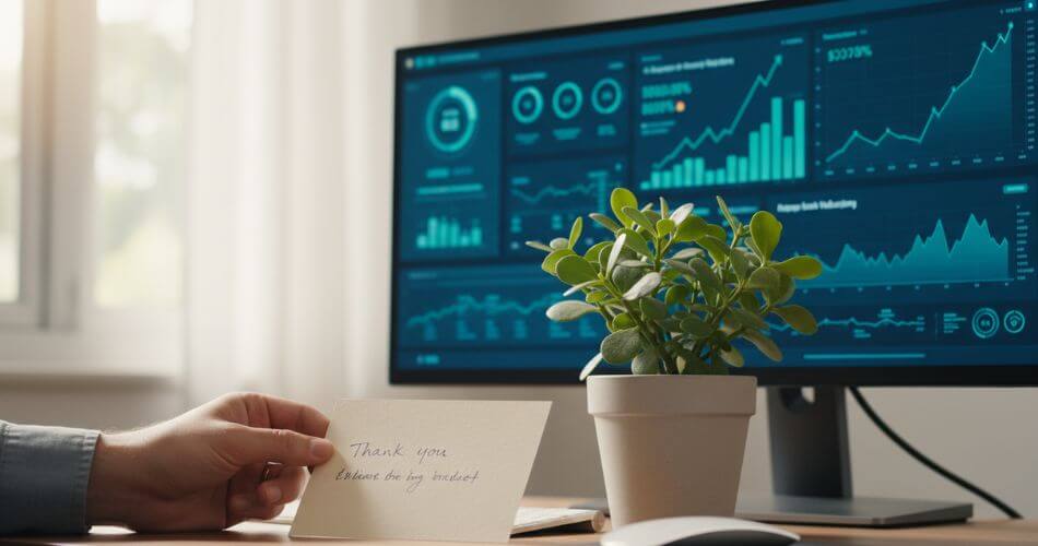 Performance psychology for real estate agents. AI property valuation data on monitor next to handwritten thank-you card.