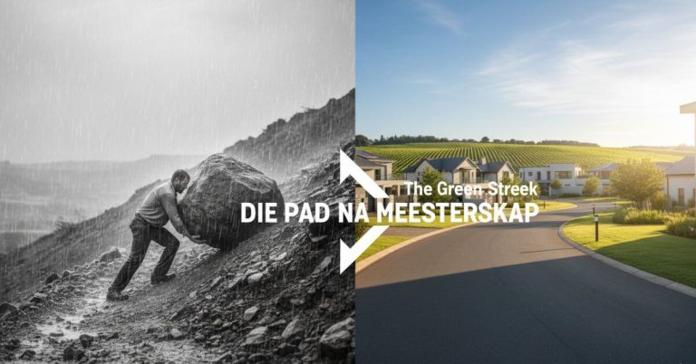 Performance psychology for real estate agents. Split screen showing path from property struggle to estate mastery.