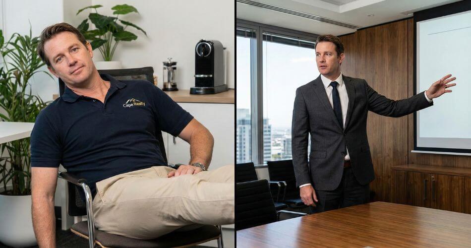 Psychology Of Real Estate Negotiation. Contrast between casual agent attire and formal business suit.