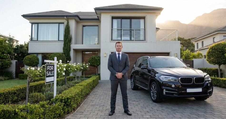 Psychology Of Real Estate Negotiation. Professional real estate agent in a suit standing by a luxury car.