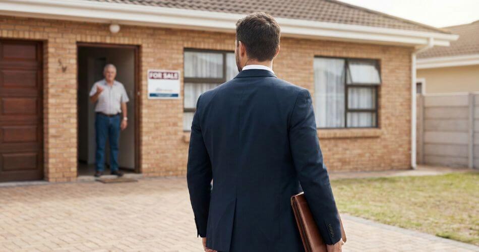 Psychology Of Real Estate Negotiation. Real estate agent walking away from a listing appointment.
