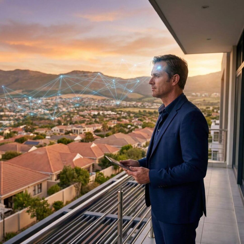 Psychology Of Real Estate Negotiation. Real estate agent with neuroscience overlays overlooking Cape Town Northern Suburbs.