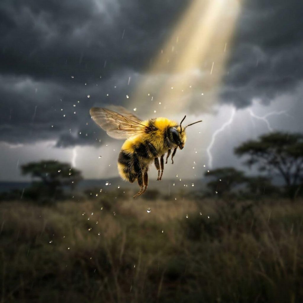 Why God Chooses The Unqualified. A bumblebee flying through a dark storm illuminated by a ray of sunlight.