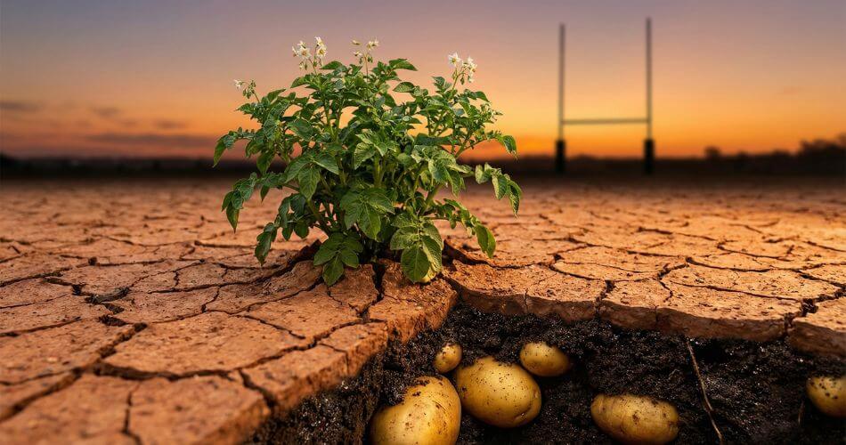 Why God Chooses The Unqualified. A potato plant growing in dry red soil with golden potatoes visible underground.