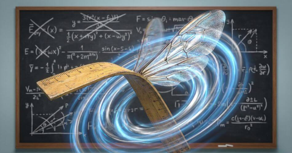 Why God Chooses The Unqualified. A wooden ruler failing to measure a vibrating bumblebee wing creating a vortex.