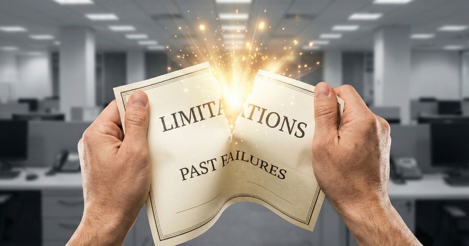 Why God Chooses The Unqualified. Hands tearing a document labeled Limitations with light bursting from the tear.