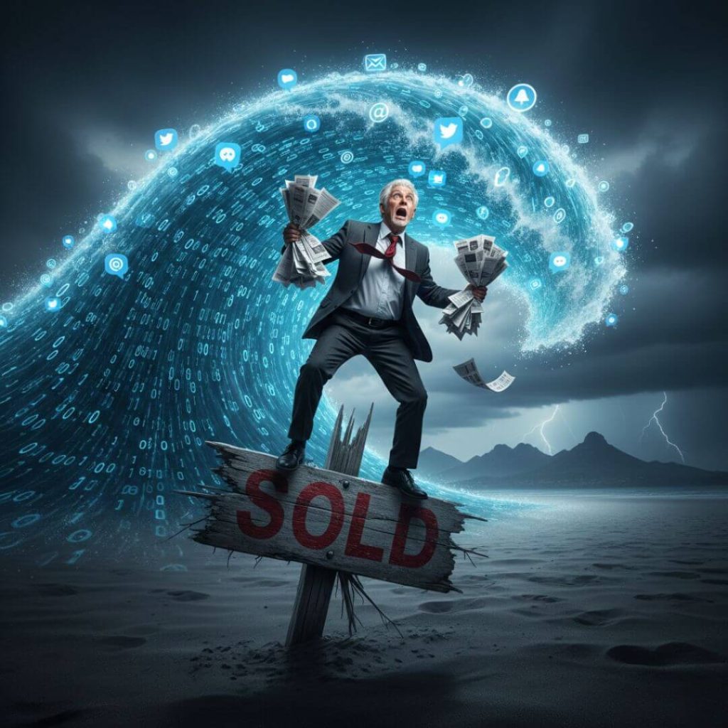 Why Traditional Estate Agents Are Failing. An old real estate agent on a crumbling board facing a massive digital tidal wave.