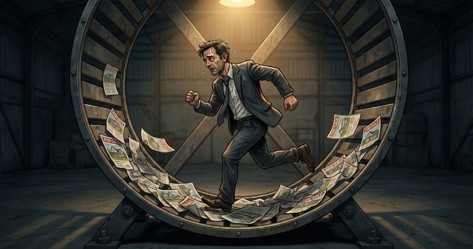 Why Traditional Estate Agents Are Failing. Businessman running exhaustedly on a hamster wheel lined with flyers.