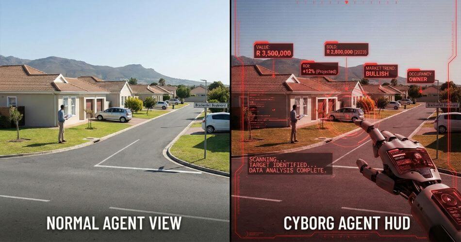 Why Traditional Estate Agents Are Failing. Street view of houses with a digital data overlay showing prices and trends.
