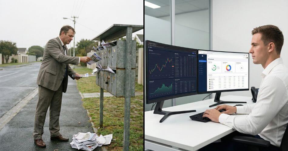 real estate Marketing Trends 2026. Contrast between a traditional, overworked estate agent with flyers and a modern, data-driven agent at a high-tech desk in 2026.