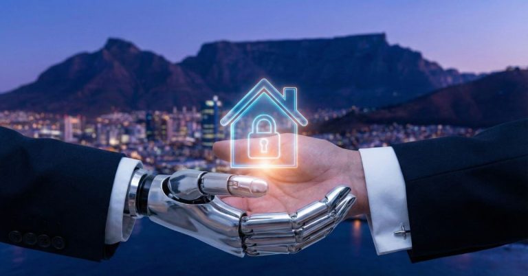real estate Marketing Trends 2026. Human and robotic hands clasping over a glowing property icon, symbolizing the partnership of human empathy and AI in the South African real estate market.