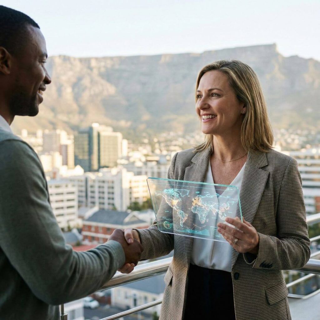 real estate Marketing Trends 2026. South African estate agent using advanced data visualization on a tablet while shaking hands with a client.