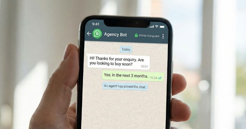 real estate Marketing Trends 2026. WhatsApp chat interface showing a compliant, automated conversation between a chatbot and a client, with a POPIA compliance indicator.