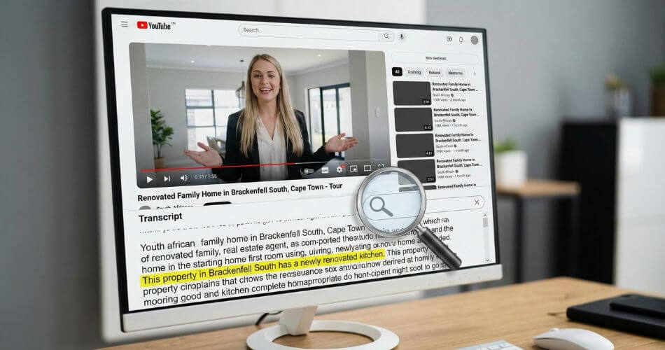 real estate Marketing Trends 2026. YouTube video player with its transcript being actively scanned and highlighted by a search engine magnifying glass, demonstrating video SEO.