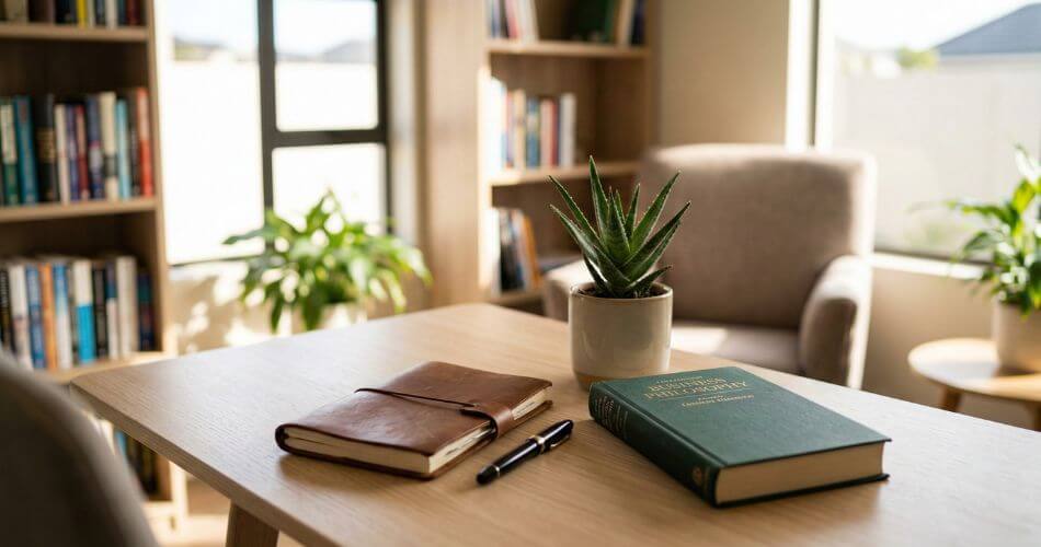 Real Estate Success in Cape Town. A journal, pen, and book symbolizing daily real estate habits.