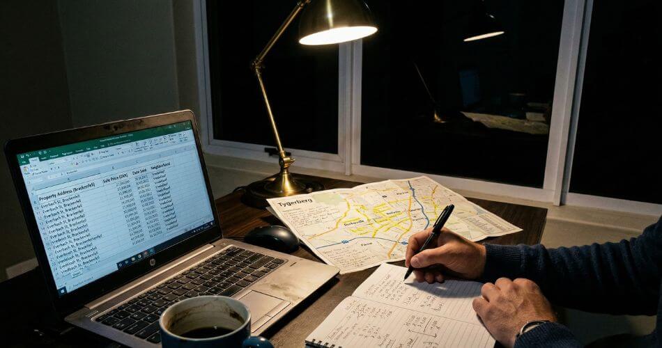 Real Estate Success in Cape Town. An agent studying property data late at night by lamplight.