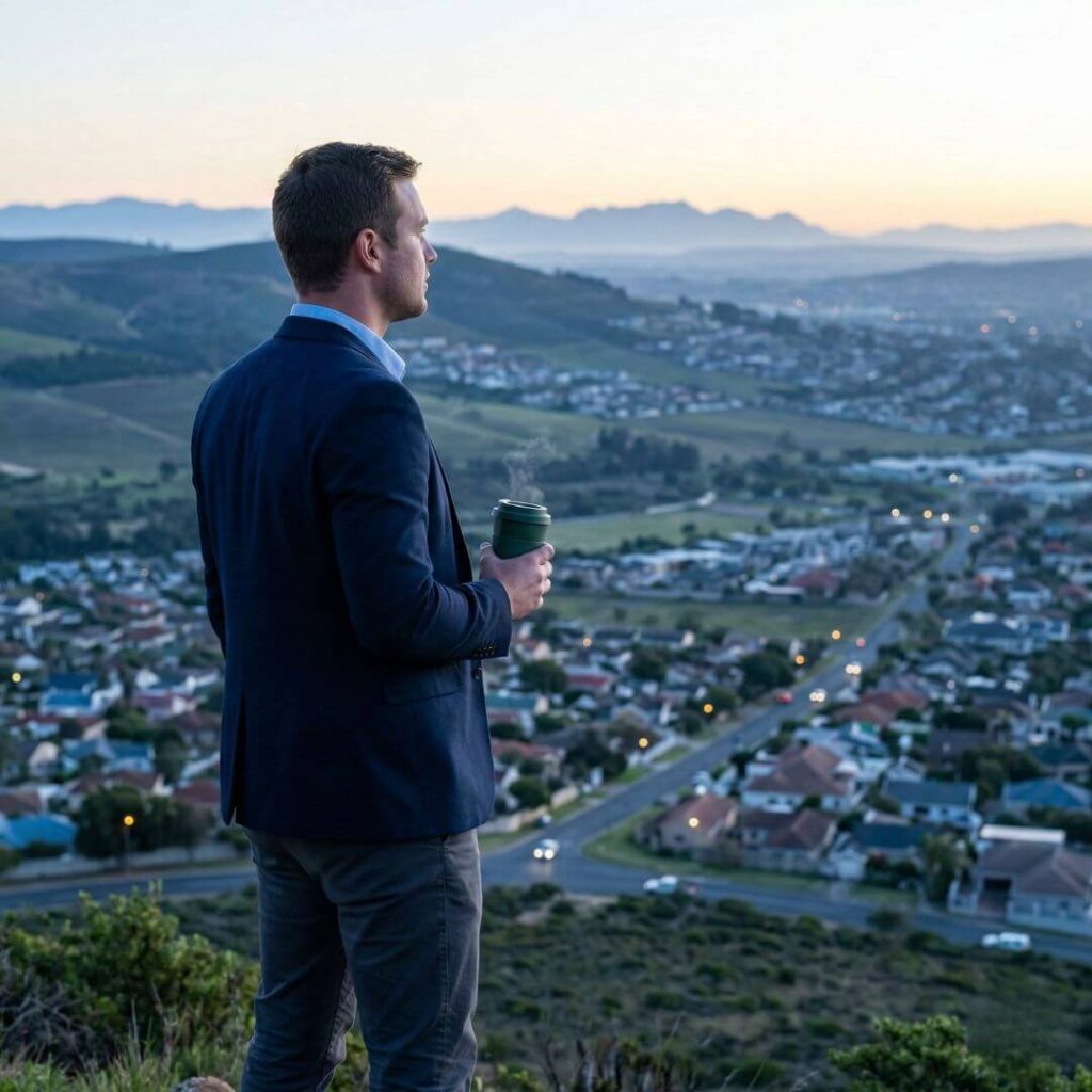 Real Estate Success in Cape Town. Real estate agent overlooking Northern Suburbs Cape Town at dawn.