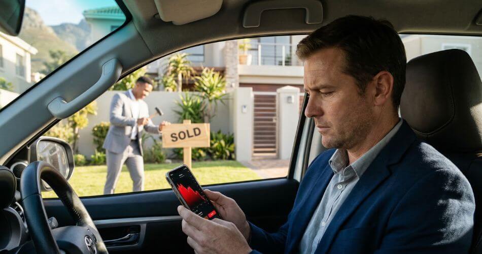 Why Am I Failing As A Real Estate Agent. Agent checking phone while competitor puts up sold sign.