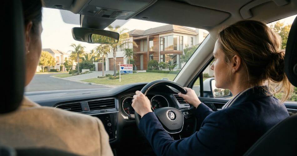 Why Am I Failing As A Real Estate Agent. Anxious agent gripping steering wheel outside large house.