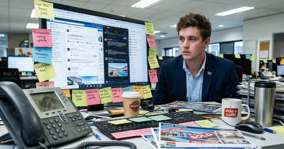 Why Am I Failing As A Real Estate Agent. Distracted agent looking at a computer with cluttered desk.