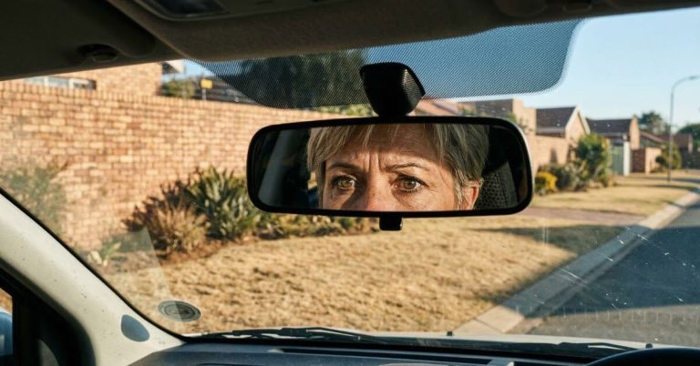 Why Am I Failing As A Real Estate Agent. Real estate agent looking stressed in car rearview mirror.