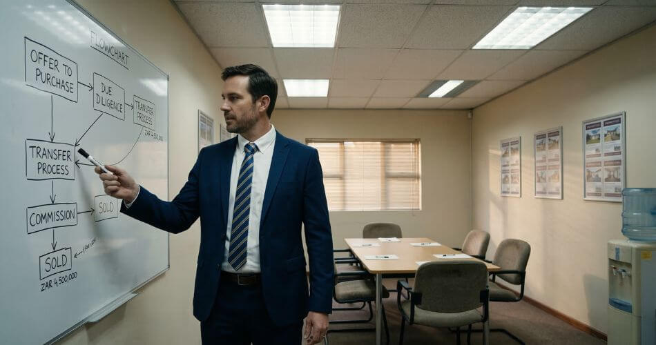 Why Am I Failing As A Real Estate Agent. Real estate agent presenting to an empty office room.