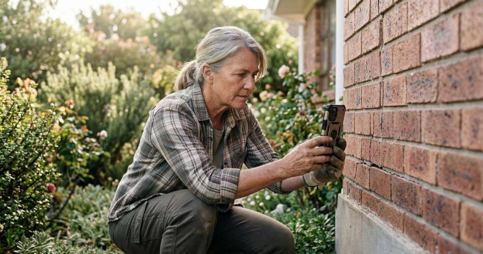 How To Dispute Cape Town Property Valuation. Homeowner photographing structural crack for municipal valuation objection evidence.