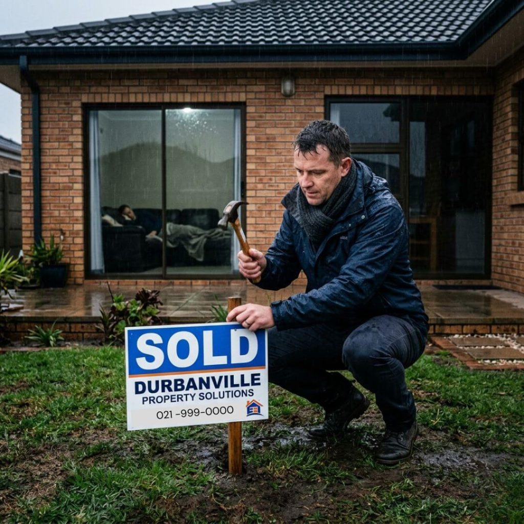 Beat a Real Estate Sales Slump. A real Agent putting up Sold sign in Cape winter rain.
