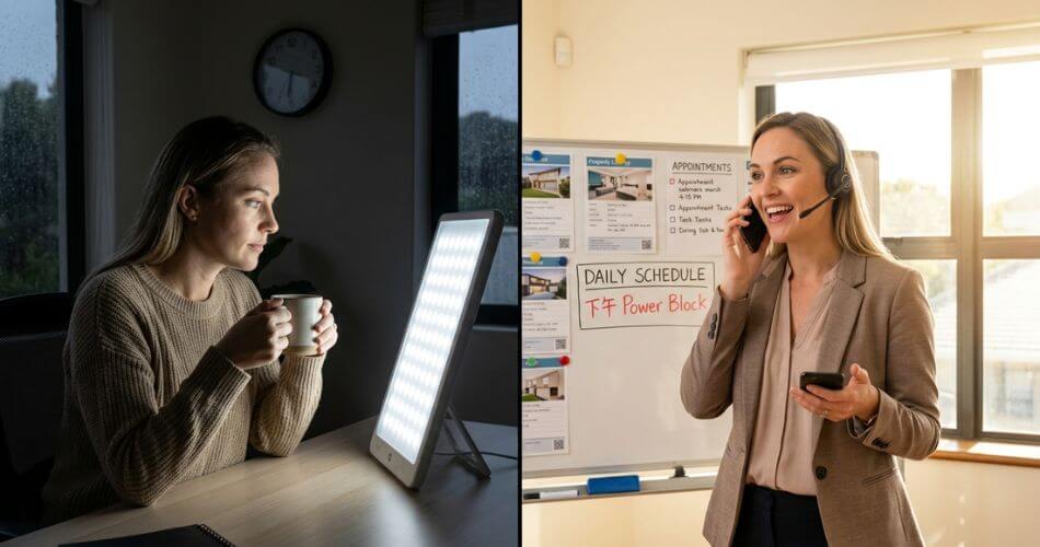 Beat a Real Estate Sales Slump. Agent using light therapy and afternoon prospecting calls.