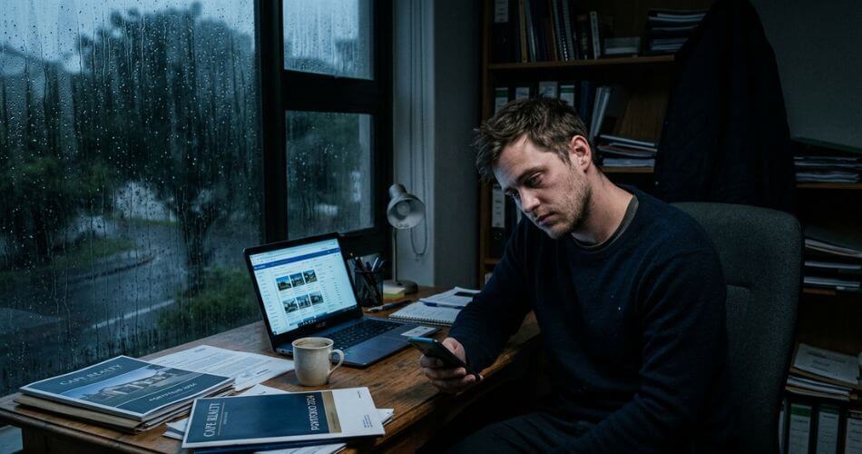 Beat a Real Estate Sales Slump. Tired estate agent in dark, rainy winter office.