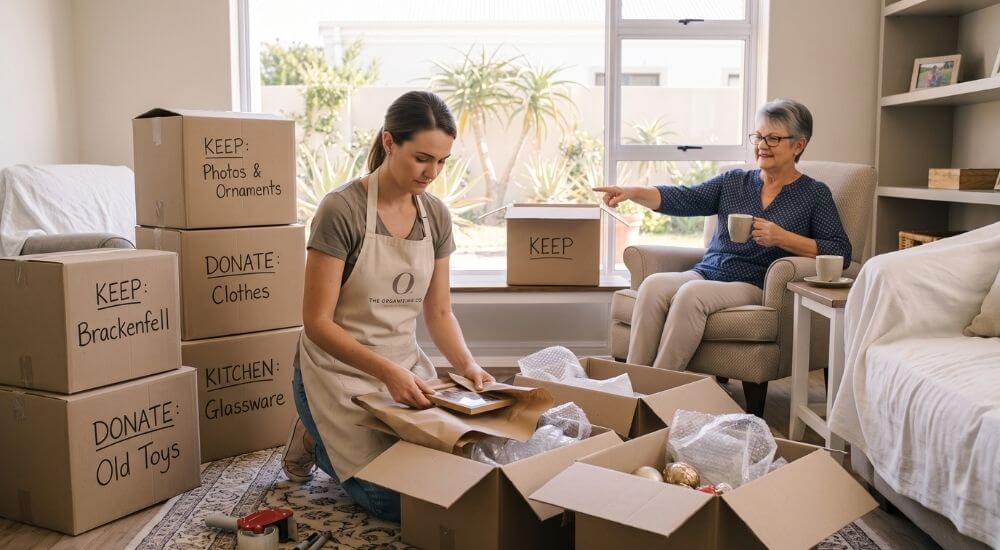 Downsizing Your Home in Brackenfell. Professional organiser helping a senior pack for a Brackenfell move.