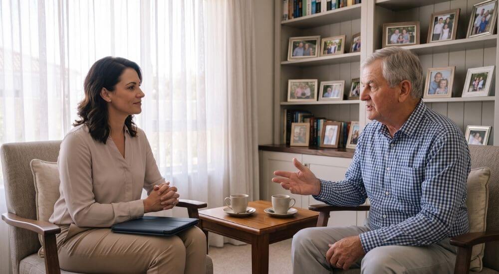 Downsizing Your Home in Brackenfell. Real estate agent in an unhurried conversation with a Brackenfell senior.