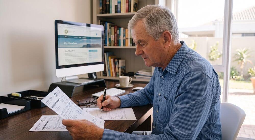 Downsizing Your Home in Brackenfell. Senior completing a City of Cape Town rates rebate form.