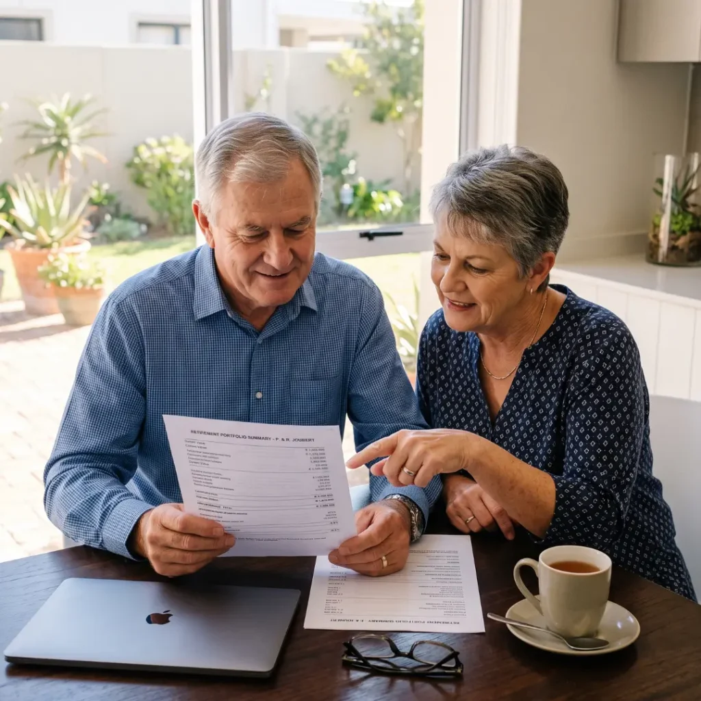 Downsizing Your Home in Brackenfell. Senior couple reviewing downsizing finances at home in Brackenfell