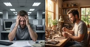 How To Find Your Calling In Life. Stressed office worker versus calm workshop worker.
