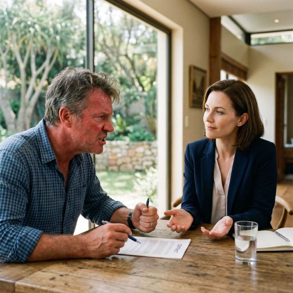 Handling Difficult Real Estate Clients. Calm real estate agent disarming an angry property seller.