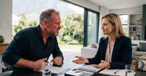 Handling Difficult Real Estate Clients. Confident estate agent controlling a difficult client negotiation.
