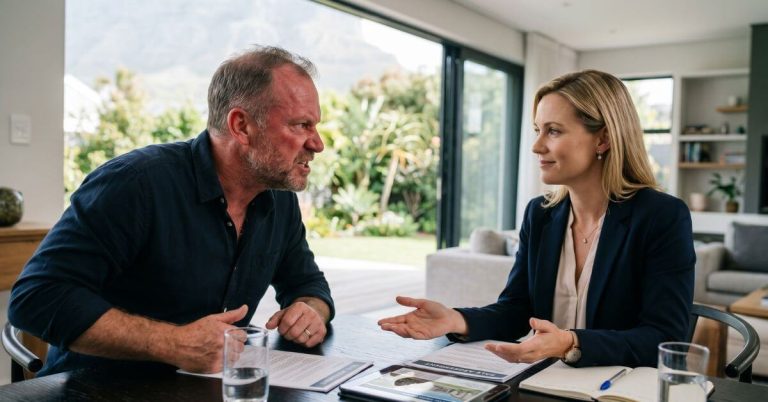 Handling Difficult Real Estate Clients. Confident estate agent controlling a difficult client negotiation.