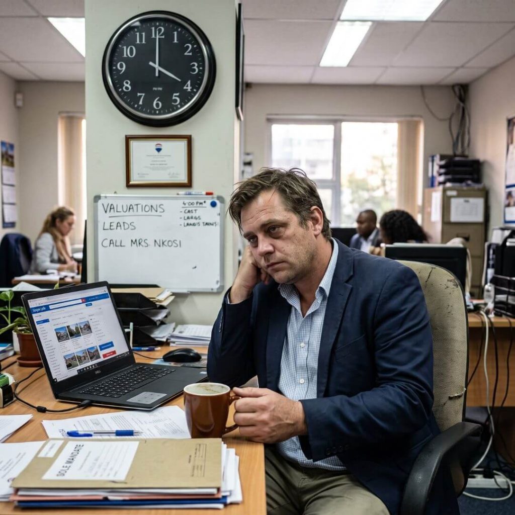 How To Scale a Real Estate Business. Exhausted real estate agent experiencing burnout at 4 PM.